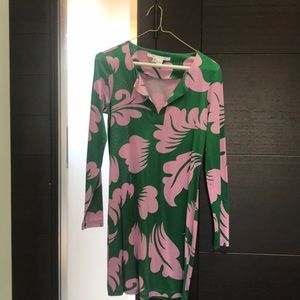DVF Green & Pink Floral Long Sleeve Jersey Dress